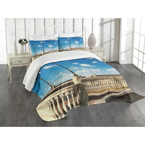 Ambesonne Italian Quilted Bedspread Set 3 Pcs, Mascagni Livorno Street, Queen Size, Sky Blue White and Black
