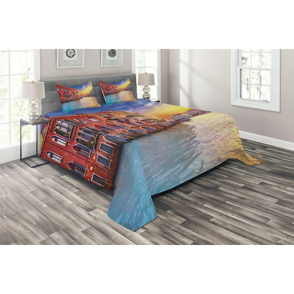 Ambesonne Italian Quilted Coverlet 3 Pcs, Venice Canal, Queen Size, Blue and Orange