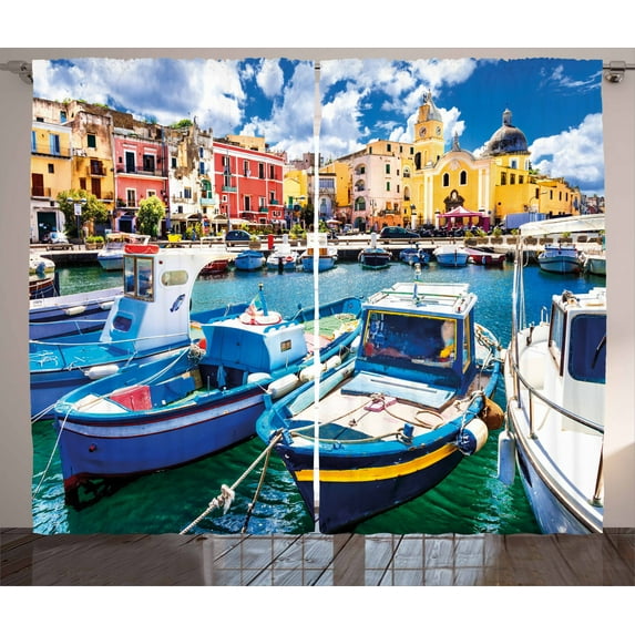 Ambesonne Italy Curtains 2 Panel Set, Colorful Procida Island, 108" x 84", Multicolor