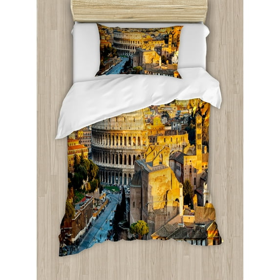 Ambesonne Italy Duvet Cover Set, Colosseum View in Rome, Twin, Marigold Ivory Pale Blue