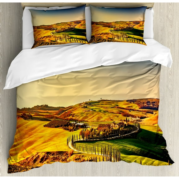 Ambesonne Italy Duvet Cover Set, Tuscany Crete Senesi, Queen, Marigold Green Blue