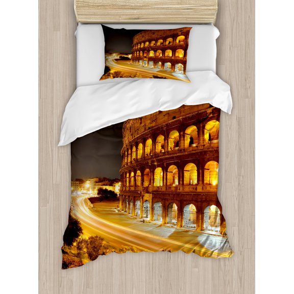 Ambesonne Italy Duvet Cover Sets, Colleseum at Night Rome, 2-Twin, Amber Marigold Black