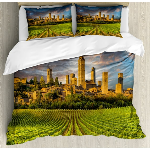 Ambesonne Italy Duvet Cover Sets, San Gimignano Vineyards, 2-King, Green Apricot Blue