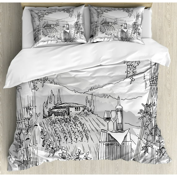 Ambesonne Italy Duvet Cover Sets, Valley Winery House Art, 2-King, Pale Grey Black
