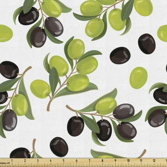 Ambesonne Italy Fabric by the Yard Upholstery, Black Green Olives on Branch, 5 Yards, White and Multicolor