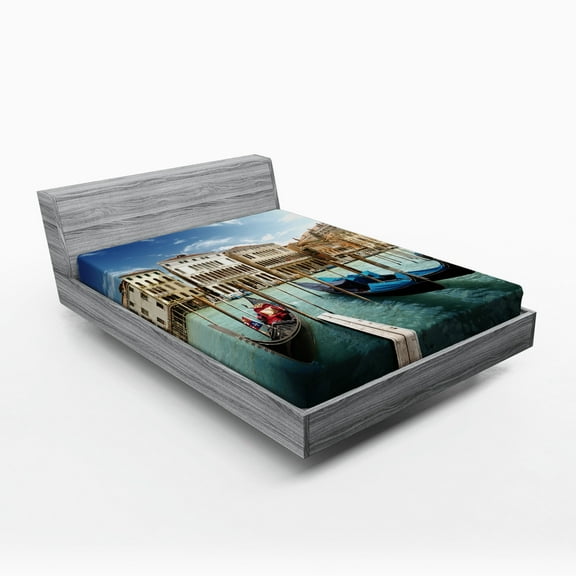 Ambesonne Italy Fitted Sheet, Gondolas Venetian Lagoon, Full Size, Almond Green Sand Brown