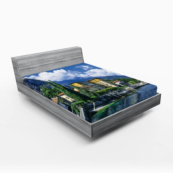 Ambesonne Italy Fitted Sheet, Landscape of Lake Como, Full Size, Blue and Green