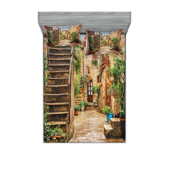 Ambesonne Italy Fitted Sheet & Pillow Sham Set, Old Stone Street Houses, Calking, Multicolor