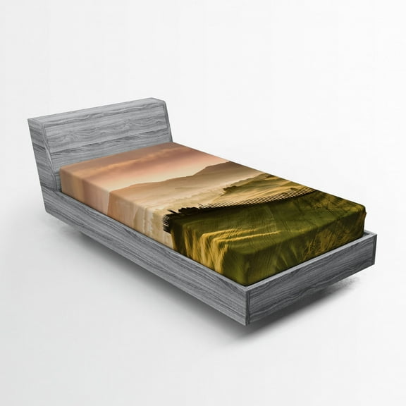 Ambesonne Italy Fitted Sheet, Trees Meadows Countryside, Twin Size, Green Beige