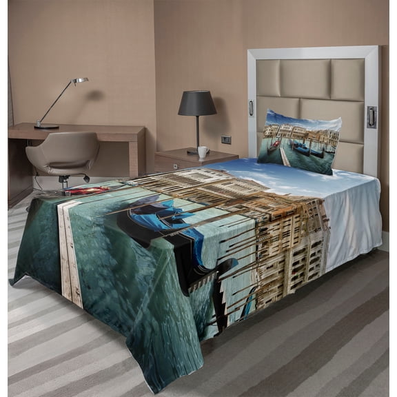 Ambesonne Italy Fitted & Top Sheet Set with Sham, Gondolas Venetian Lagoon, Almond Green Sand Brown
