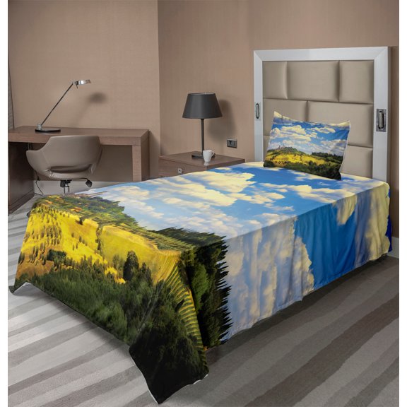 Ambesonne Italy Fitted & Top Sheet Set with Sham, Historic Village Scenery, Green Blue White