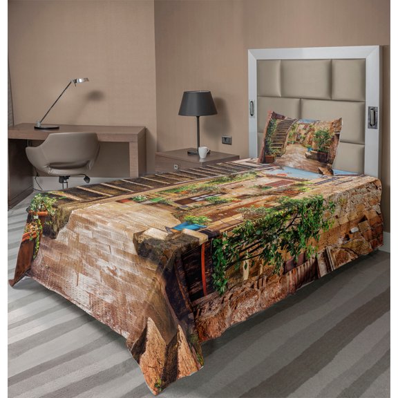 Ambesonne Italy Fitted & Top Sheet Set with Sham, Old Stone Street Houses, Multicolor