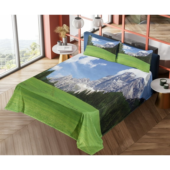 Ambesonne Italy Fitted & Top Sheet Set with Shams, Rural Country Mountain, Evergreen Blue