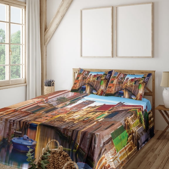 Ambesonne Italy Fitted & Top Sheet Set with Shams, Venice Canal Cityscape, Multicolor