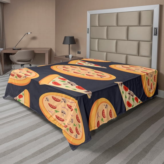 Ambesonne Italy Flat Sheet, Cartoon Art Pizzas and Slices, King Size, Dark Blue Grey and Multicolor