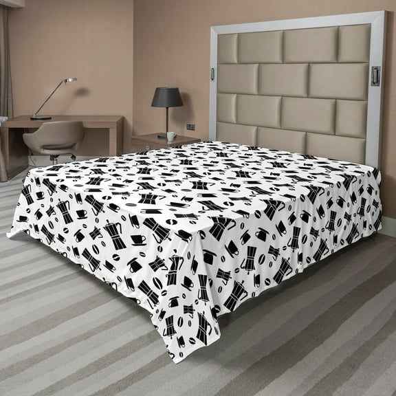 Ambesonne Italy Flat Sheet, Coffee Machines Beans Cups, Queen Size, White and Charcoal Grey