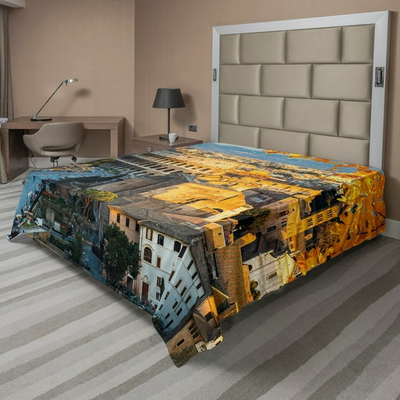 Ambesonne Italy Flat Sheet, Colosseum View in Rome, Queen Size, Marigold Ivory Pale Blue