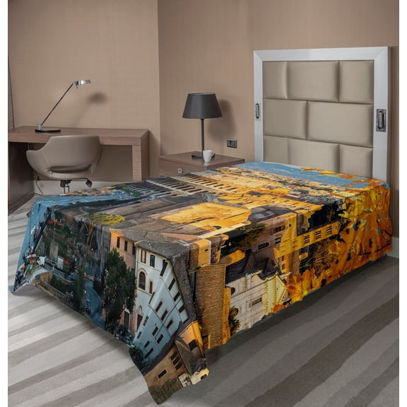 Ambesonne Italy Flat Sheet, Colosseum View in Rome, Twin Size, Marigold Ivory Pale Blue