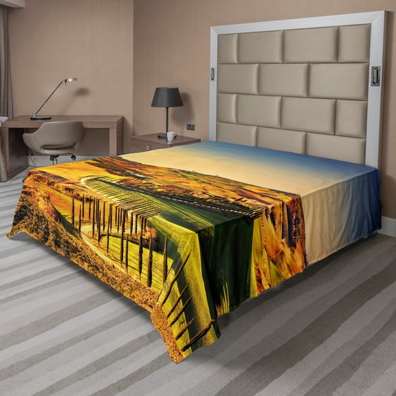 Ambesonne Italy Flat Sheet, Tuscany Crete Senesi, California King, Marigold Green Blue