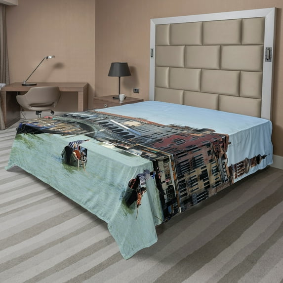 Ambesonne Italy Flat Sheet, Venice Gondola Canal Photo, Queen Size, Multicolor
