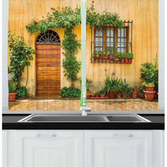 Ambesonne Italy Kitchen Curtains, City Life in Tuscany, 55"x39", Apricot Green Brown