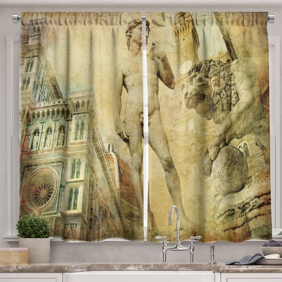 Ambesonne Italy Kitchen Curtains, Florence Collage, 55"x45", Pale Orange Mint Green