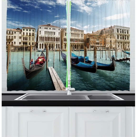 Ambesonne Italy Kitchen Curtains, Gondolas Venetian Lagoon, 55"x45", Almond Green Sand Brown