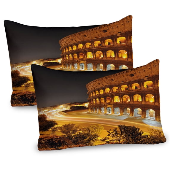Ambesonne Italy Pillow Sham 2 Pack, Colleseum at Night Rome, 36"x20", Amber Marigold Black