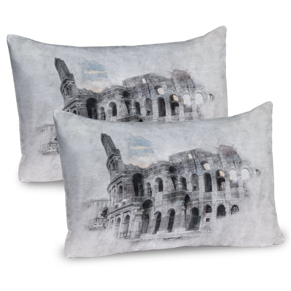 Ambesonne Italy Pillow Sham 2 Pack, Colosseum Rome Sketch, 30"x20", Beige Black