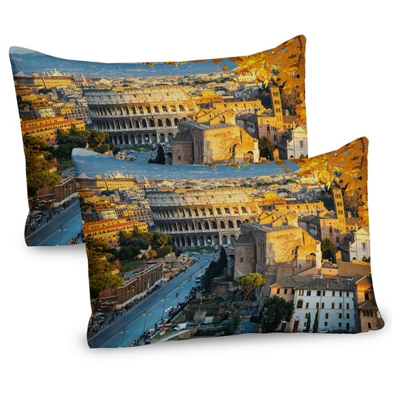 Ambesonne Italy Pillow Sham 2 Pack, Colosseum View in Rome, 36"x20", Marigold Ivory Pale Blue