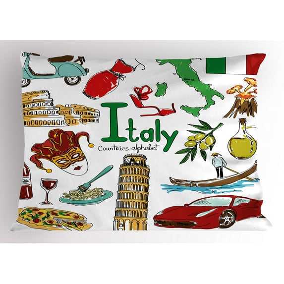 Ambesonne Italy Pillow Sham, Fun Colorful Sketch Style, 26" X 20", Multicolor