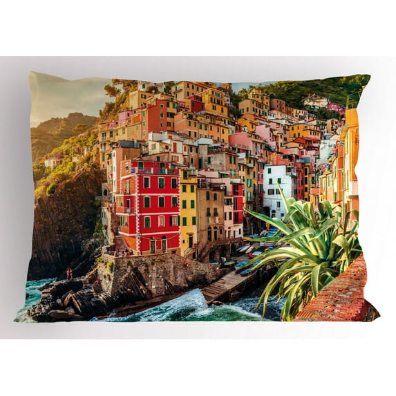 Ambesonne Italy Pillow Sham, Riomaggiore at Sunset, 26" X 20", Multicolor