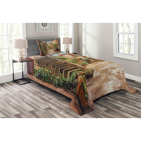 Ambesonne Italy Quilted Bedspread Set 2 Pcs, Old Stone Street Houses, Twin Size, Multicolor