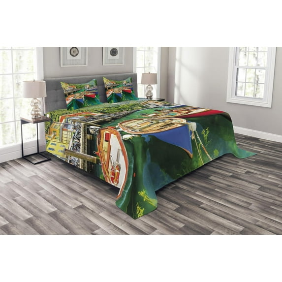 Ambesonne Italy Quilted Bedspread Set 3 Pcs, Garda Torbole Town Photo, King Size, Multicolor