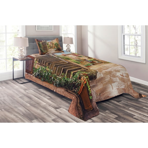 Ambesonne Italy Quilted Coverlet 2 Pcs, Old Stone Street Houses, Twin Size, Multicolor