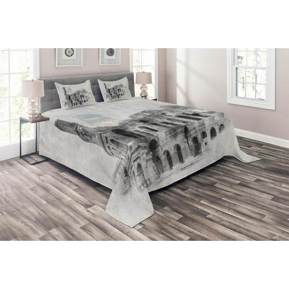 Ambesonne Italy Quilted Coverlet 3 Pcs, Colosseum Rome Sketch, King Size, Beige Black