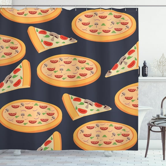 Ambesonne Italy Shower Curtain, Cartoon Art Pizzas and Slices, 69"Wx70"L, Dark Blue Grey and Multicolor