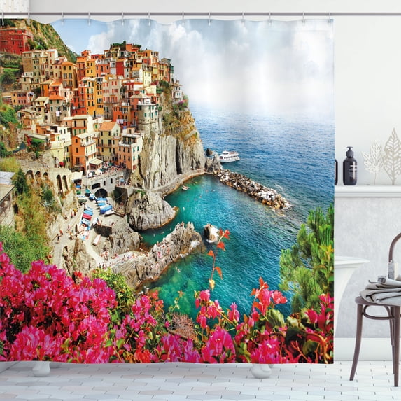 Ambesonne Italy Shower Curtain, Cinque Terre Beach Coast, 69"Wx70"L, Multicolor