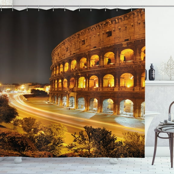 Ambesonne Italy Shower Curtain, Colleseum at Night Rome, 69"Wx84"L, Amber Marigold Black
