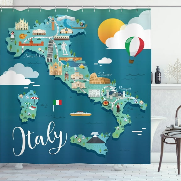 Ambesonne Italy Shower Curtain, Map with Touristic Places, 69"Wx75"L, Multicolor