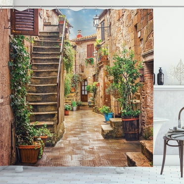 Ambesonne Italy Shower Curtain, Old Stone Street Houses, 69"Wx75"L, Multicolor