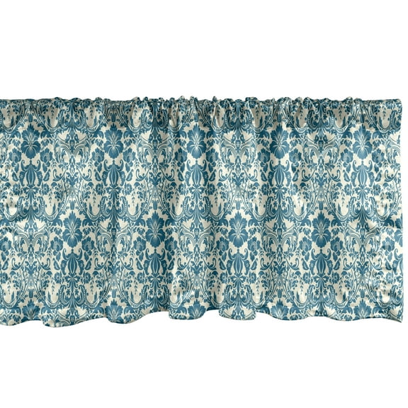 Ambesonne Ivory and Blue Window Valance, Damask Swirled Leaves and Blooming Flowers Baroque Arrangement, Curtain Valance for Kitchen Bedroom Decor with Rod Pocket, 54" X 12", Petrol Blue and Ivory