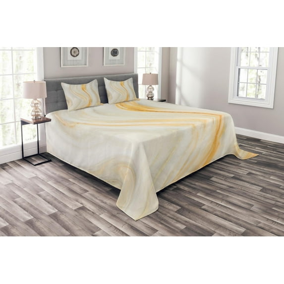 Ambesonne Ivory Cream Quilted Bedspread Set 3 Pcs, Wavy Marble Effect, King Size, Orange Grey