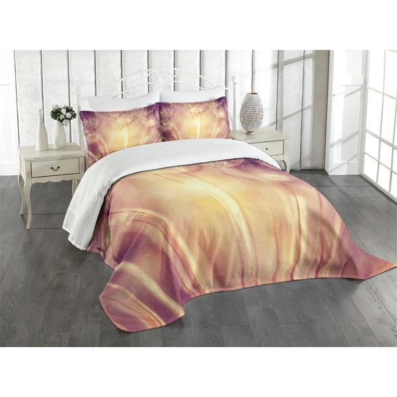 Ambesonne Ivory Quilted Bedspread Set 3 Pcs, Dandelion Petals Spring, Queen Size, Peach Coral