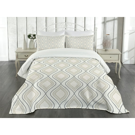 Ambesonne Ivory Quilted Bedspread Set 3 Pcs, Nostalgic Abstract Wavy, King Size, Beige Tan