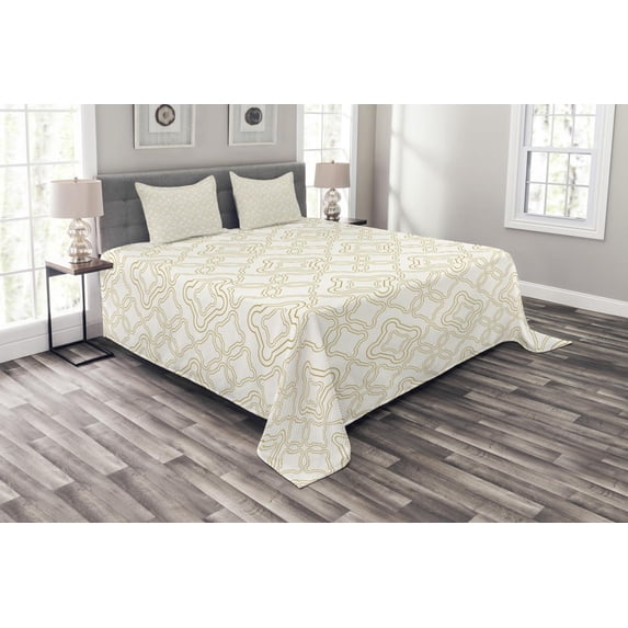 Ambesonne Ivory Quilted Bedspread Set 3 Pcs, Rococo Style Oriental, King Size, Cream Tan