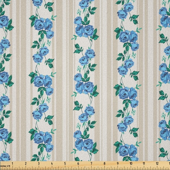 Ambesonne Ivory and Blue Fabric by the Yard Microfiber, Retro Stripes Roses, 3 Yards, Ivory Blue Green