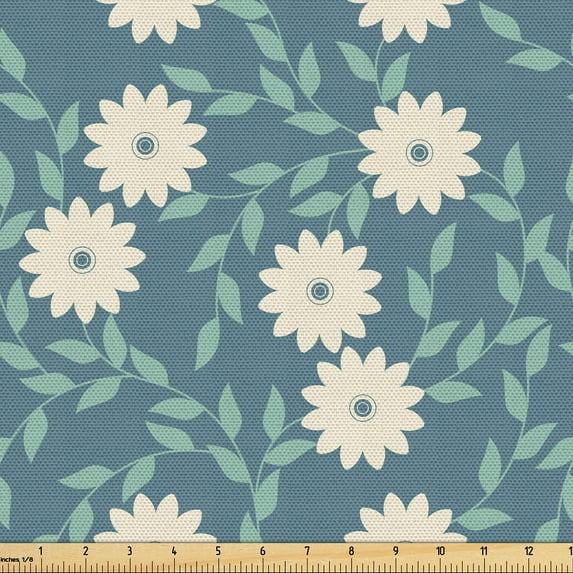 Ambesonne Ivory and Blue Fabric by the Yard Upholstery, Chamomile Blossoms, 5 Yards, Turquoise Teal and Ivory