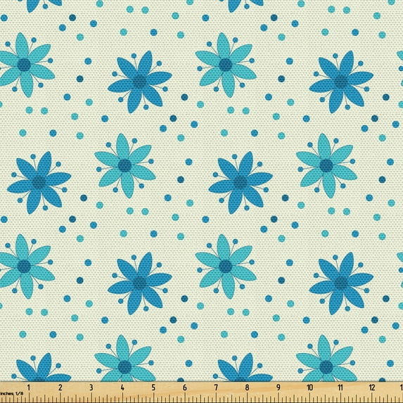 Ambesonne Ivory and Blue Fabric by the Yard Upholstery, Nostalgic Flower, 5 Yards, Blue Turquoise and Ivory