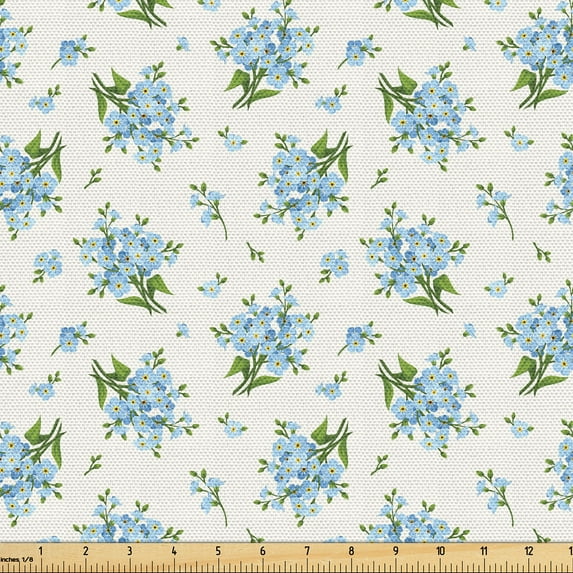 Ambesonne Ivory and Blue Fabric by the Yard Upholstery, Spring Leaves, 2 Yards, Pale Blue Ivory